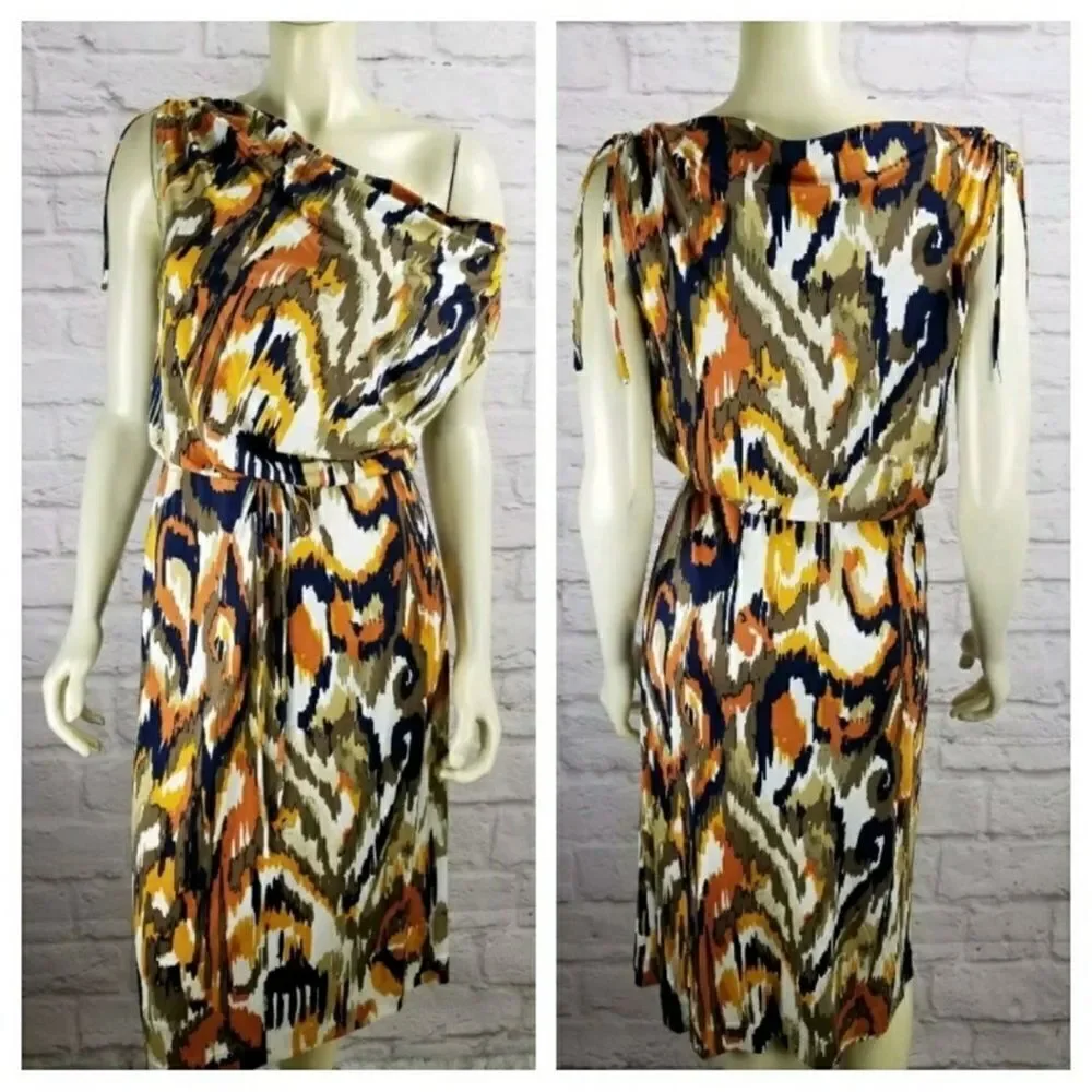 Tory Burch M Verda Printed Jersey Drawstring Detail on off Shoulder Silk Dress